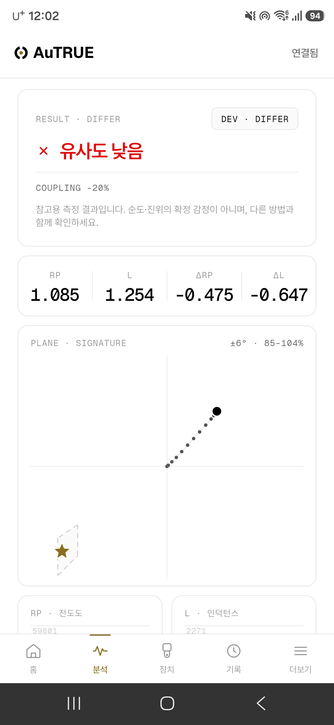 실제 AuTRUE 앱에서 Rp·L 측정값과 기준 시료 비교 결과를 보여주는 분석 화면